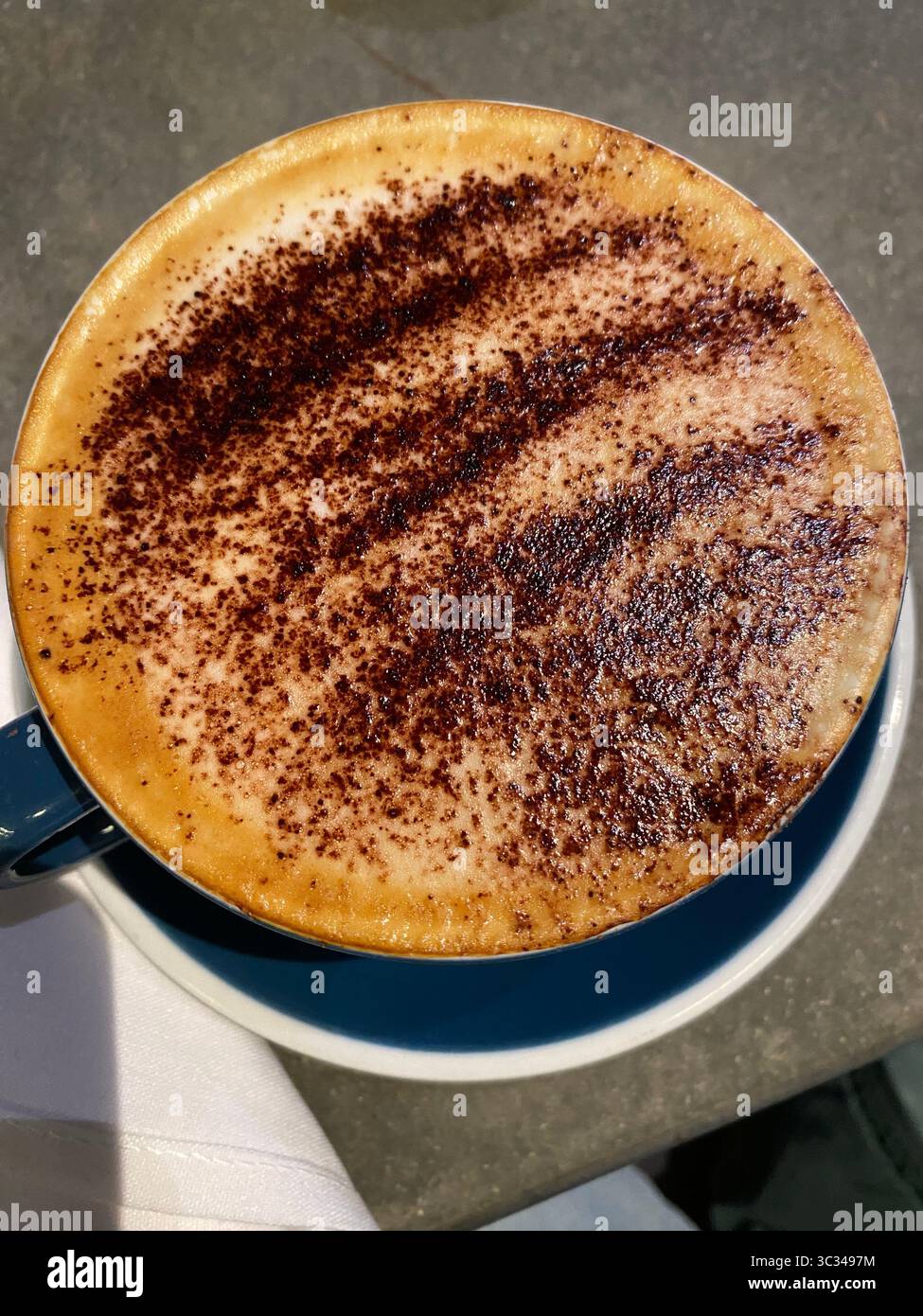 Blick von oben auf einen Cappuccino, der in einer Tasse mit dunklem Petrol auf einer hellen Untertasse serviert wird, die großzügig mit einem dunklen, körnigen Pulver bestreut ist. Stockfoto