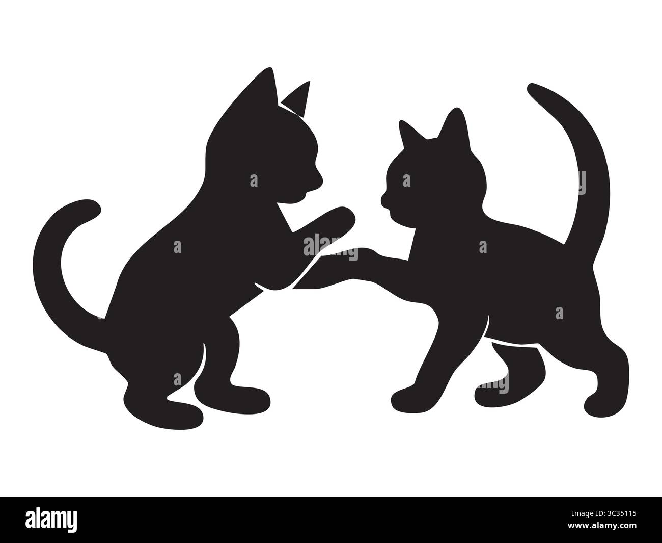 Schwarze Silhouetten zweier verspielter Kätzchen, die sich auf weißem Hintergrund gegenüberstehen, grafische Illustration. Konzept von Haustieren, süßen Kätzchen, Haustieren, Stock Vektor