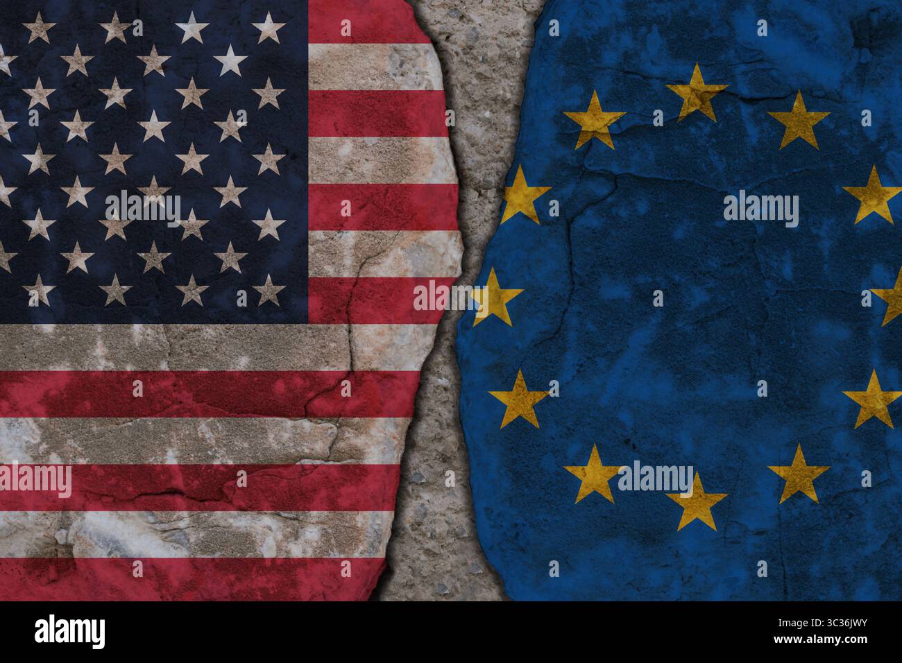 Symbolische Spaltung zwischen den USA und der Europäischen Union-Flaggen auf der Struktur der Steinmauer Stockfoto