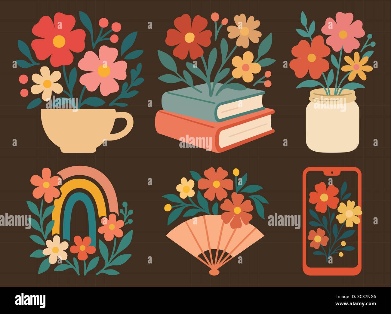 Blumenobjektillustration Set Blumen in Tasse, Bücher, Glas, Regenbogen, Fan, und Telefon Stock Vektor