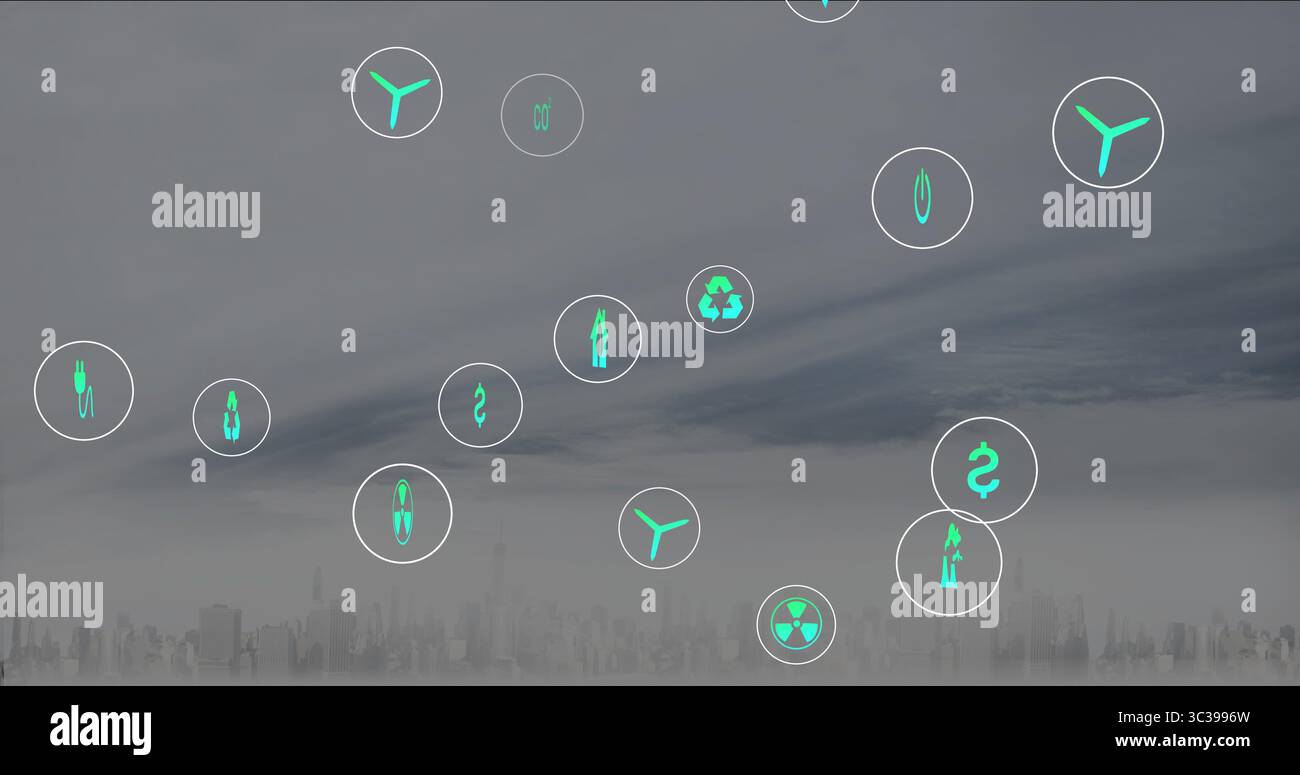 Schwebende, türkisfarbene und weiße kreisförmige Symbole, die über der Skyline der Stadt schweben, mit Energie- und Finanzsymbolen Stockfoto