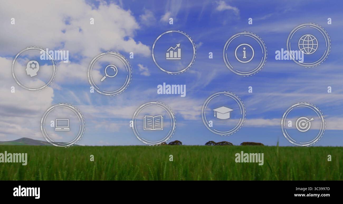 Neun umlaufende Symbole mit Bildungs- und Analysefunktionen, die sich über ländlichen Feldern und Technologien bewegen Stockfoto