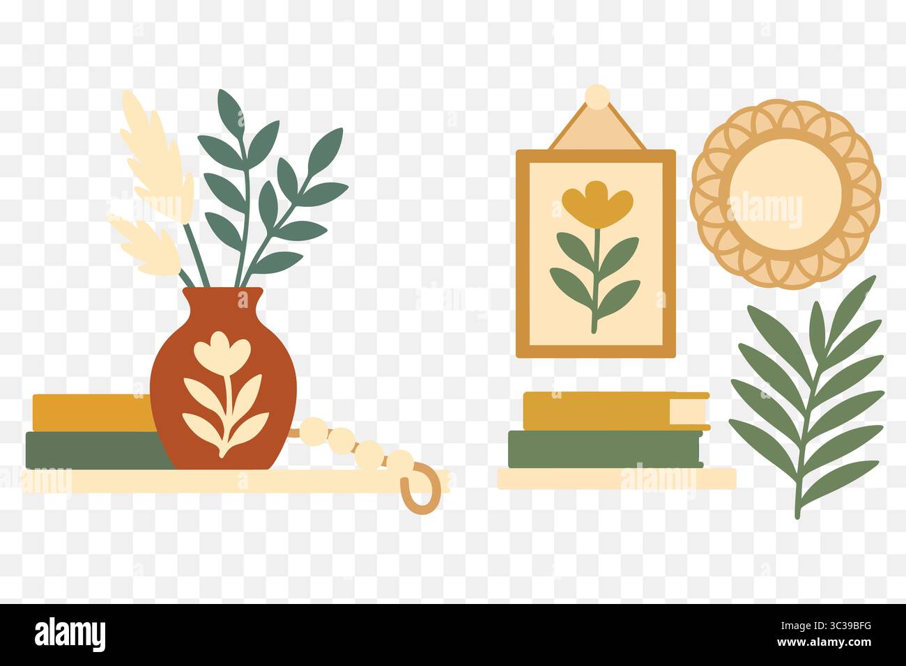 Boho Regaldekor Illustration Minimal Cozy Home Elements mit Vasen, Büchern und Wandkunst Stock Vektor