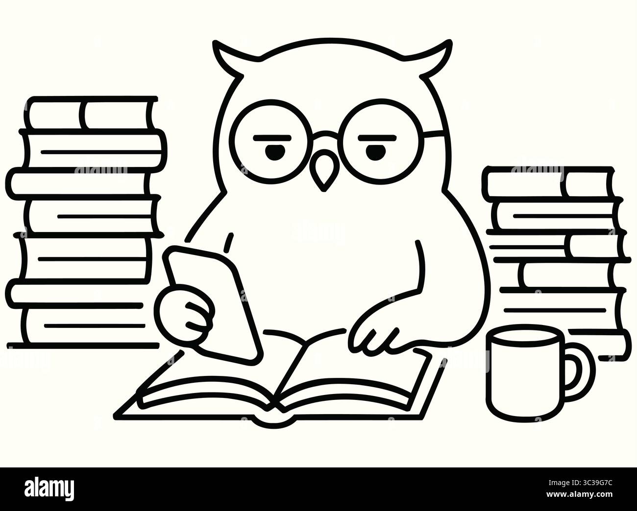 Lustige Eulen-Illustration Müde Buchliebhaber-Strichkunst Stock Vektor