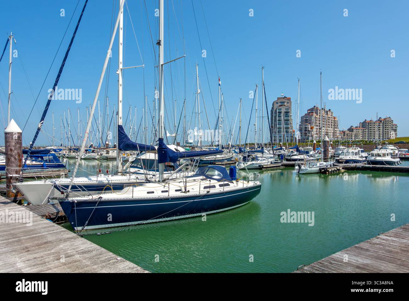 Segel- und Freizeitmotorboote liegen im Yachthafen des Fischerdorfes und Badeortes Breskens an der Westschelde, Zeeland, Niederlande Stockfoto