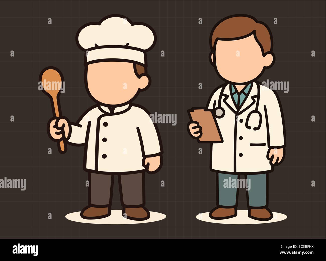 . Gesichtslos männlicher Koch und Doktor Cartoon Charaktere niedliche Profi Clipart für Kinder Stock Vektor