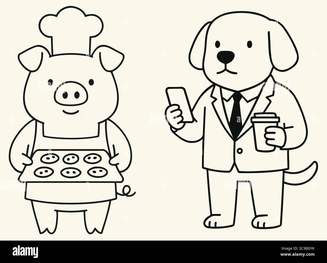 Schweinekoch und Hundeschule – minimalistische Art der Animal Professionals Line Art Stock Vektor