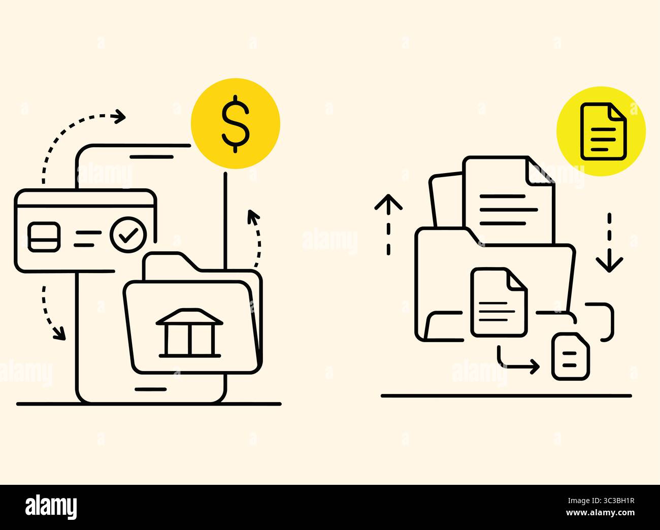 Das Symbol für Finanz- und Dateiverwaltung setzt Zeilengrafik-Vektor für Mobile Banking und Cloud-Dokumentsysteme Stock Vektor