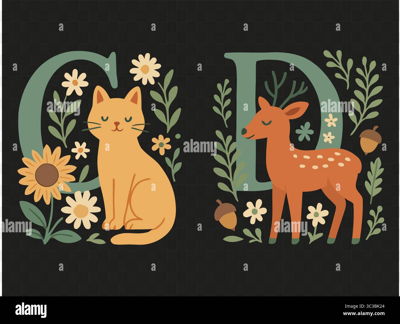 Tierserie C für Katze und D für Hirsch | Folk ABC Nursery Clipart Stock Vektor