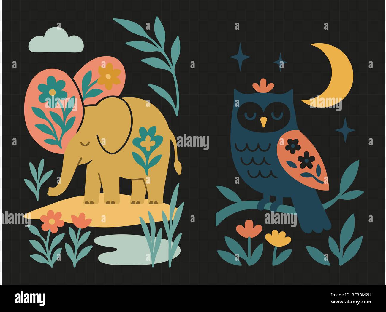 Folk Animal Nursery Scene Elefant von Pond & Eulen Under Moon | Flat Floral Vector Clipart Stock Vektor