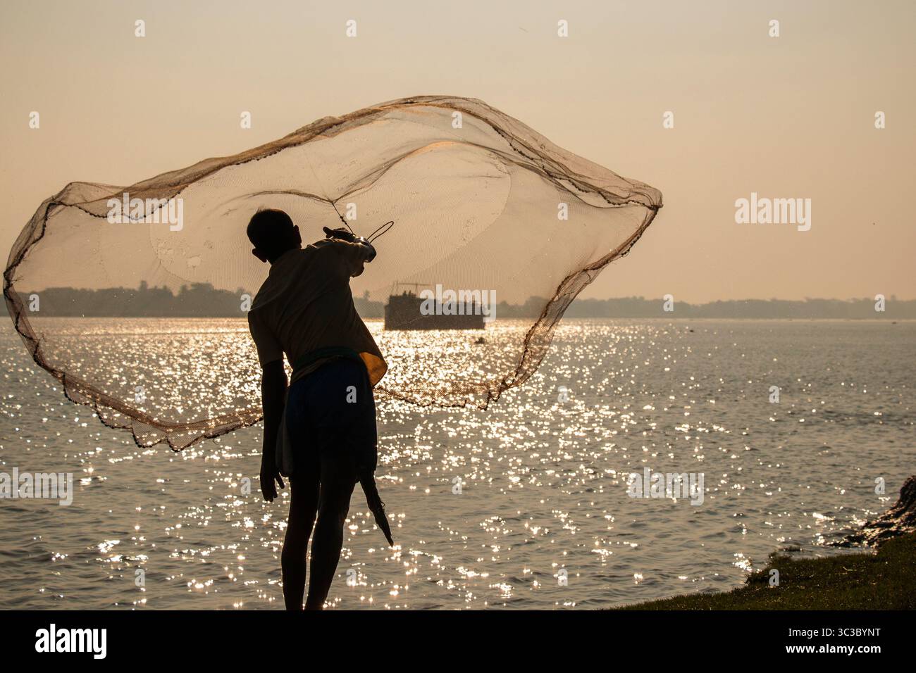 Ein Fischer wirft morgens sein Netz auf einen ruhigen Fluss im ländlichen Bangladesch und fängt den zeitlosen Rhythmus des Lebens und der Tradition ein. Stockfoto