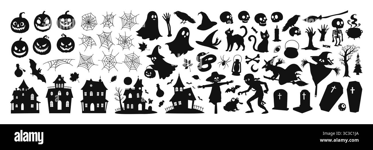 Große Halloween-Kollektion mit schwarzen Silhouetten. Stock Vektor