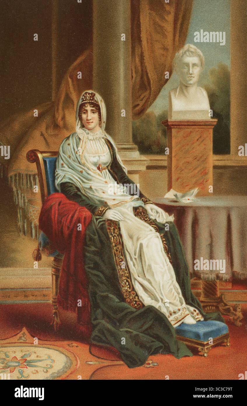 Maria-Letizia Ramolino (1750-1836). Korsische Adlige, Mutter Napoleons I. (1769-1821). Hochformat. Sie sitzt in einem Sessel und trägt ein Kleid im Empire-Stil, das mit einem langen samtumhang bedeckt ist. Sie trägt ein Diadem mit Schleier. Neben ihr ist eine Büste von Napoleon. Lithographie von Mauler nach Francois Gerard (1770-1837), 1803. Chromolithographie. Direktorin, Konsulat und Reich. Moeurs et Usages, Lettres, Sciences et Arts. France, 1795-1815“ (Direktorium, Konsulat und das Reich von Frankreich. Bräuche und Traditionen, Briefe, Wissenschaften und Künste. Frankreich, 1795-1815), von Paul Lacroix. Veröffentlicht in Paris, 18 Stockfoto