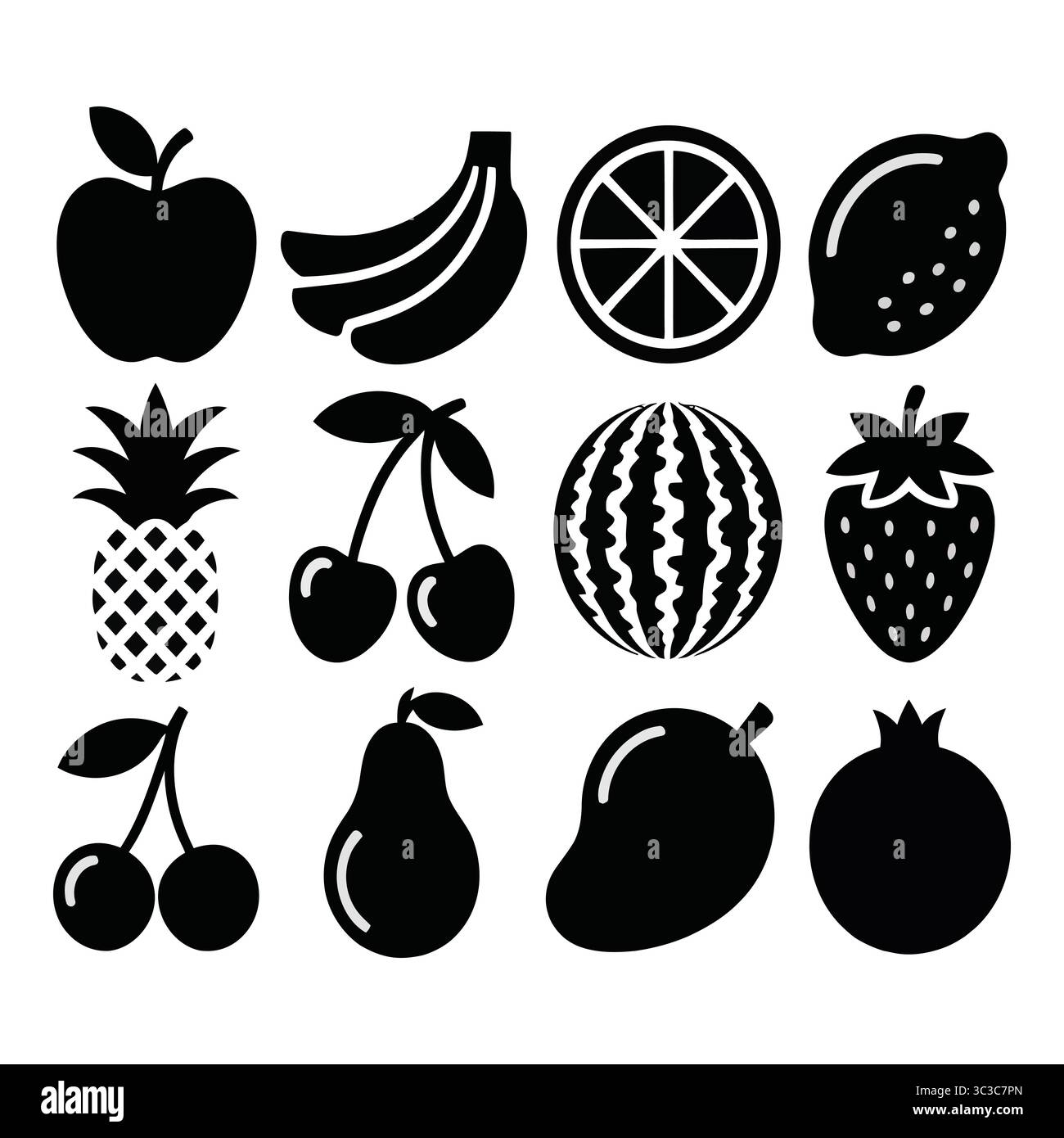 Eine lebendige grafische Illustration mit einer Sammlung von Fruchtsymbolen im schwarzen Silhouettenstil. Stock Vektor