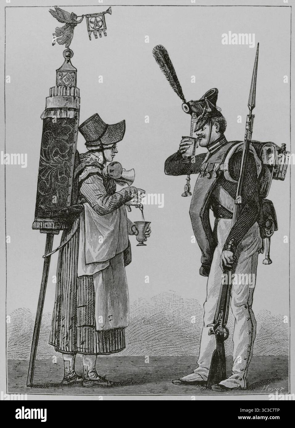 La Marchande de de Coco (der Kokosverkäufer). Frankreich. Kupferstich von Huyot nach einer Illustration von Carle Vernet (1758-1836), Stich von Philibert-Louis Debucourt (1755-1832), 1817. Direktorin, Konsulat und Reich. Moeurs et Usages, Lettres, Sciences et Arts. France, 1795-1815“ (Direktorium, Konsulat und das Reich von Frankreich. Bräuche und Traditionen, Briefe, Wissenschaften und Künste. Frankreich, 1795-1815), von Paul Lacroix. Veröffentlicht in Paris, 1884. Stockfoto