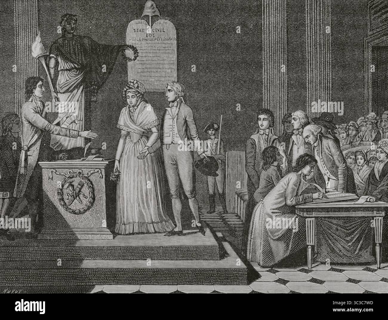 Die Republikanische Hochzeit (Mariage Républicain). Bürgermeister führte eine republikanische Hochzeit während der Französischen Revolution durch. Stich von Huyot nach Pierre-Francois Legrand (1743-nach 1824), 1794. Direktorin, Konsulat und Reich. Moeurs et Usages, Lettres, Sciences et Arts. France, 1795-1815“ (Direktorium, Konsulat und das Reich von Frankreich. Bräuche und Traditionen, Briefe, Wissenschaften und Künste. Frankreich, 1795-1815), von Paul Lacroix. Veröffentlicht in Paris, 1884. Stockfoto