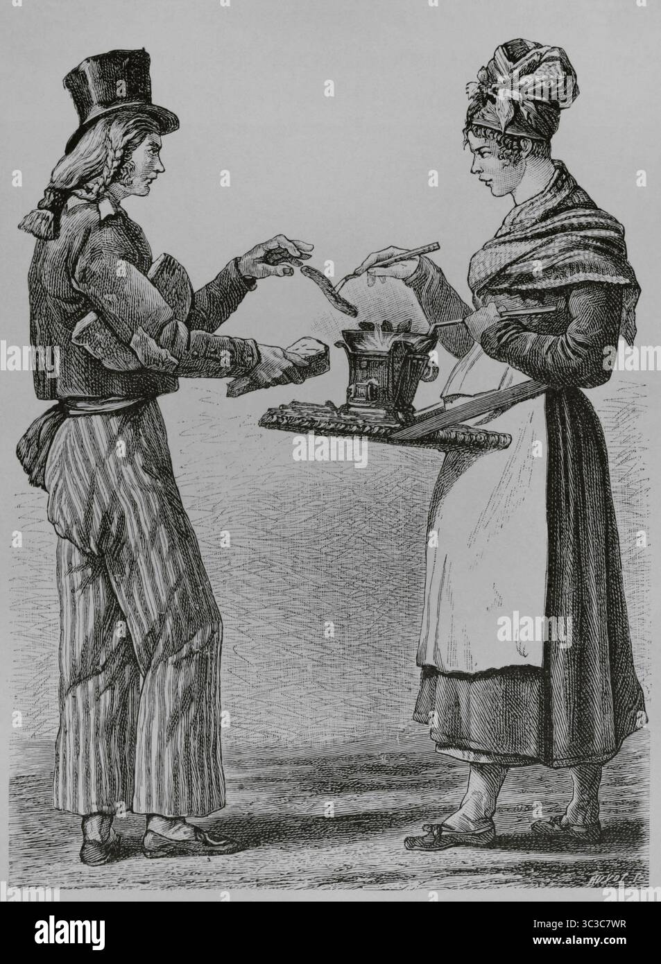 Wurstverkäufer. Frankreich, Ende des 18. Jahrhunderts. Stich von Huyot nach einer Illustration von Carle Vernet (1758-1836). Direktorin, Konsulat und Reich. Moeurs et Usages, Lettres, Sciences et Arts. France, 1795-1815“ (Direktorium, Konsulat und das Reich von Frankreich. Bräuche und Traditionen, Briefe, Wissenschaften und Künste. Frankreich, 1795-1815), von Paul Lacroix. Veröffentlicht in Paris, 1884. Stockfoto