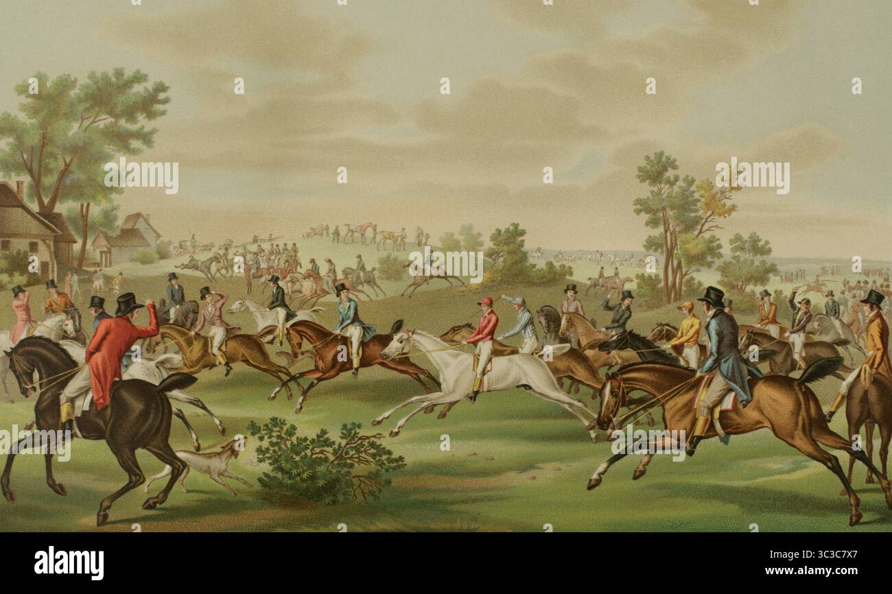 Pferderennen. Illustration von Philibert-Louis Debucourt (1755-1832) nach Carle Vernet (1758-1836). Chromolithographie. Direktorin, Konsulat und Reich. Moeurs et Usages, Lettres, Sciences et Arts. France, 1795-1815“ (Direktorium, Konsulat und das Reich von Frankreich. Bräuche und Traditionen, Briefe, Wissenschaften und Künste. Frankreich, 1795-1815), von Paul Lacroix. Veröffentlicht in Paris, 1884. Stockfoto