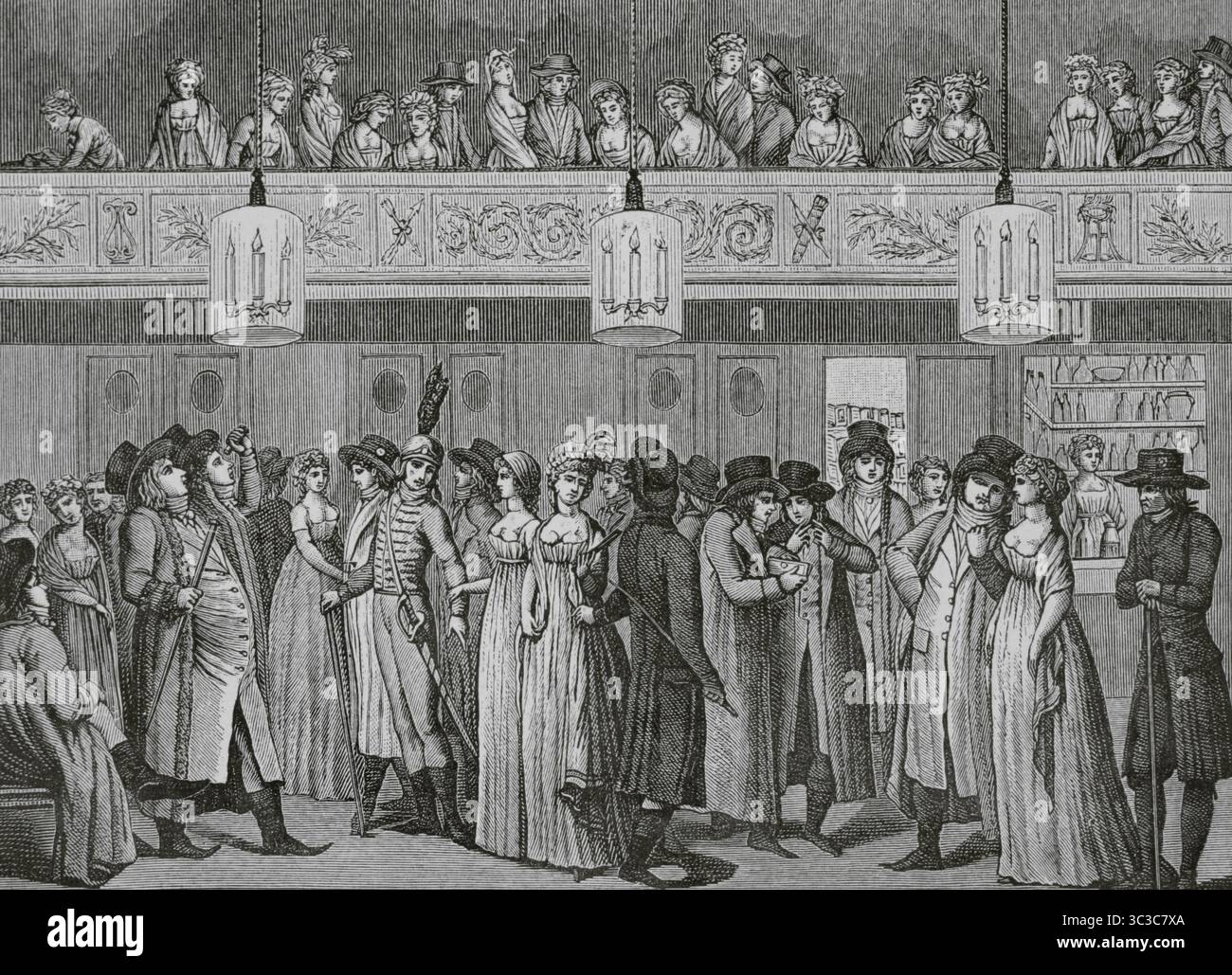Das Foyer des Théâtre Montansier, in der Nähe des Schlosses von Versailles, Frankreich. 1798-1799. Zeichnung von Louis Binet. Stich von Edme Bovinet (1767–1843). Direktorin, Konsulat und Reich. Moeurs et Usages, Lettres, Sciences et Arts. France, 1795-1815“ (Direktorium, Konsulat und das Reich von Frankreich. Bräuche und Traditionen, Briefe, Wissenschaften und Künste. Frankreich, 1795-1815), von Paul Lacroix. Veröffentlicht in Paris, 1884. Stockfoto