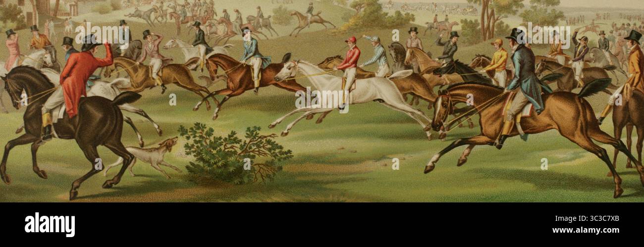 Pferderennen. Illustration von Philibert-Louis Debucourt (1755-1832) nach Carle Vernet (1758-1836). Chromolithographie. Direktorin, Konsulat und Reich. Moeurs et Usages, Lettres, Sciences et Arts. France, 1795-1815“ (Direktorium, Konsulat und das Reich von Frankreich. Bräuche und Traditionen, Briefe, Wissenschaften und Künste. Frankreich, 1795-1815), von Paul Lacroix. Veröffentlicht in Paris, 1884. Stockfoto