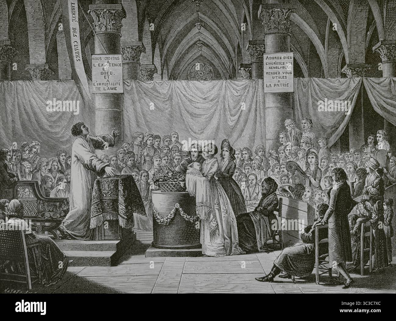 Frankreich. Le Culte naturel (natürlicher Gottesdienst). Feier einer republikanischen Taufe. Eine Mutter überreicht ihr Kind dem Priester, der seine Hand hebt, während er das Sakrament abgibt. Stich von Huyot nach Jean-Baptiste Mallet (1759-1835), 1797. Direktorin, Konsulat und Reich. Moeurs et Usages, Lettres, Sciences et Arts. France, 1795-1815“ (Direktorium, Konsulat und das Reich von Frankreich. Bräuche und Traditionen, Briefe, Wissenschaften und Künste. Frankreich, 1795-1815), von Paul Lacroix. Veröffentlicht in Paris, 1884. Stockfoto