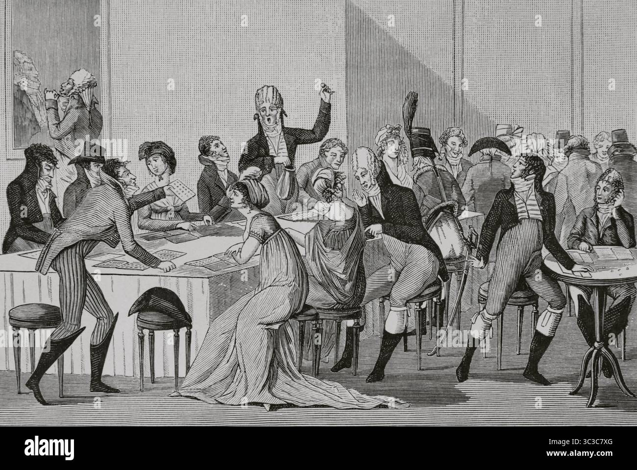 Frankreich. Leute spielen Lotto. Anonymer Stich aus dem Jahr 1798. Direktorin, Konsulat und Reich. Moeurs et Usages, Lettres, Sciences et Arts. France, 1795-1815“ (Direktorium, Konsulat und das Reich von Frankreich. Bräuche und Traditionen, Briefe, Wissenschaften und Künste. Frankreich, 1795-1815), von Paul Lacroix. Veröffentlicht in Paris, 1884. Stockfoto