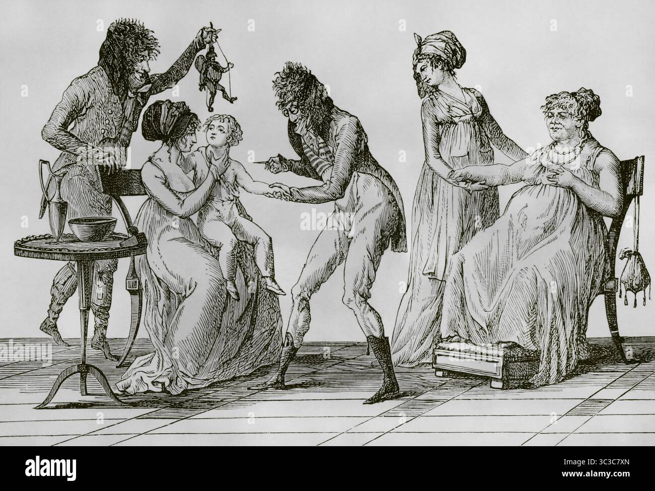 Impfungen im Stil der Zeit, laut einem anonymen französischen Zeichentrickfilm von 1797. Diese Illustration erschien ein Jahr bevor der englische Wissenschaftler Edward Jenner (1749–1823) seine Erkenntnisse über den Pockenimpfstoff veröffentlichte. Serum wurde wahrscheinlich anstelle des Impfstoffs verwendet. Gravur. Direktorin, Konsulat und Reich. Moeurs et Usages, Lettres, Sciences et Arts. France, 1795-1815“ (Direktorium, Konsulat und das Reich von Frankreich. Bräuche und Traditionen, Briefe, Wissenschaften und Künste. Frankreich, 1795-1815), von Paul Lacroix. Veröffentlicht in Paris, 1884. Stockfoto