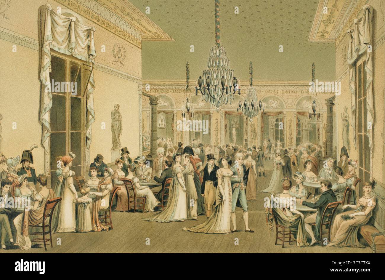 Der Grand Salon im Cafe Frascati in Paris. Ehemaliges Pariser Café, das 1789 gegründet wurde und 1857 verschwand. Das Hotel liegt am Boulevard Montmartre und war bekannt als eleganter Treffpunkt und Konditorei. Lithographie von Mauler nach Philibert-Louis Debucourt (1755-1832). Chromolithographie. Direktorin, Konsulat und Reich. Moeurs et Usages, Lettres, Sciences et Arts. France, 1795-1815“ (Direktorium, Konsulat und das Reich von Frankreich. Bräuche und Traditionen, Briefe, Wissenschaften und Künste. Frankreich, 1795-1815), von Paul Lacroix. Veröffentlicht in Paris, 1884. Stockfoto