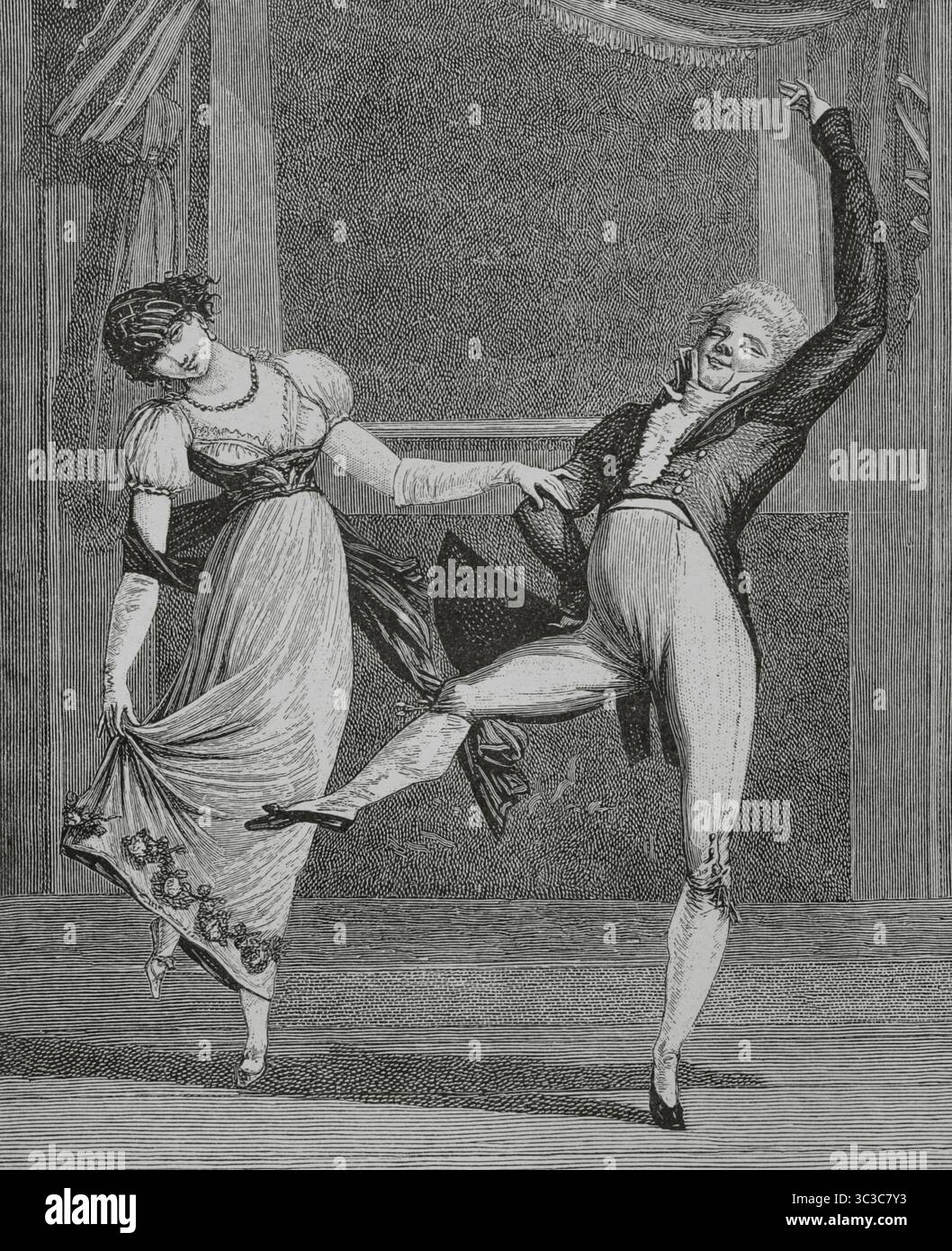 „La manie de la danse“ (der Wahnsinn für Tanzen). Der Titel bezieht sich auf das soziale Phänomen, bei dem Menschen zwanghaft, manchmal bis zur Erschöpfung, den Wahnsinn des Tanzes tanzten, der zwischen dem 14. Und 17. Jahrhundert in Europa stattfand. Stich nach dem zentralen Detail des Originals von Philibert-Louis Debucourt (1755-1832). Frankreich, ca. 1809. Direktorin, Konsulat und Reich. Moeurs et Usages, Lettres, Sciences et Arts. France, 1795-1815“ (Direktorium, Konsulat und das Reich von Frankreich. Bräuche und Traditionen, Briefe, Wissenschaften und Künste. Frankreich, 1795-1815), von Paul Lacroix. Pub Stockfoto