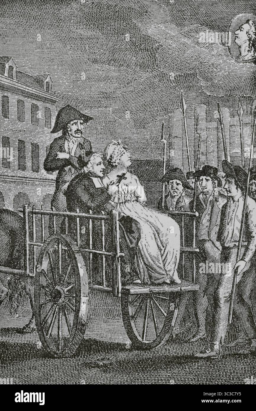 Marie Antoinette (1755-1793). Königin von Frankreich durch ihre Heirat mit Ludwig XVI. Von Frankreich. Sie wurde am 16. Oktober 1793 vom Revolutionären Tribunal zum Tode verurteilt. Marie Antoinette ist auf der Rückseite eines Wagens zur Guillotine gefahren. Pater Girard, Pfarrer der Kirche Saint-Landry und Verfassungspriester, der vom Revolutionären Tribunal ernannt wurde, saß neben ihr und begleitete sie während der gesamten Reise. Kupferstich aus der Frontpartie von Le Cimetière de la Madeleine, einem Roman von Jean-Joseph Regnault-Warin (1773–1844) in vier Bänden, veröffentlicht zwischen 1800 und 1801. "Directoire, Co Stockfoto
