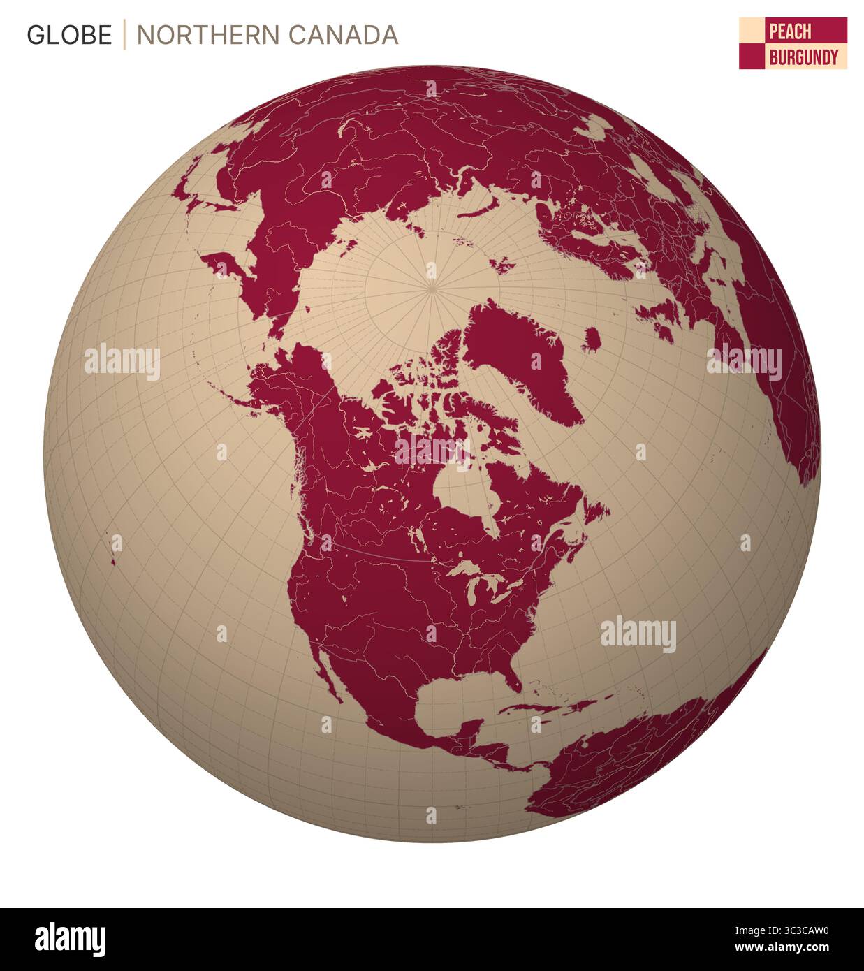 Vector Globe mit Schwerpunkt auf Nord-Kanada. Pfirsichrote Palette. Weltkarte mit Meridianen, Parallelen, Ländern, Flüssen und Seen. Stock Vektor