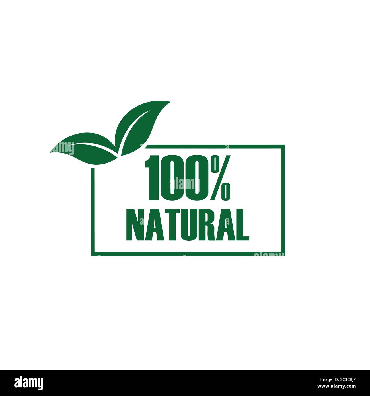 Eine klare und einfache grafische Illustration mit dem Text „100% NATURAL“ neben zwei grünen Blättern. Stock Vektor