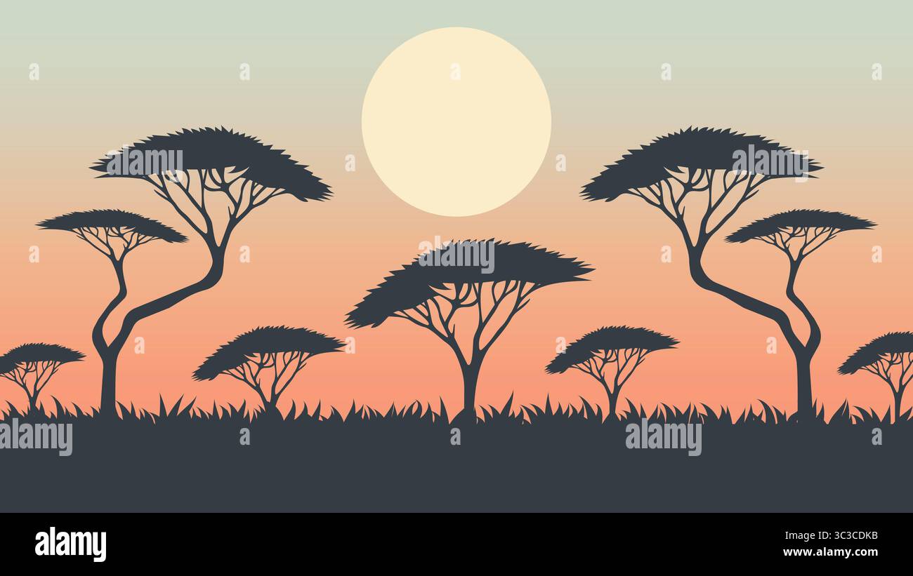 Afrikanische Savannah-Landschaft am Sonnenaufgang-Vektor. Stock Vektor