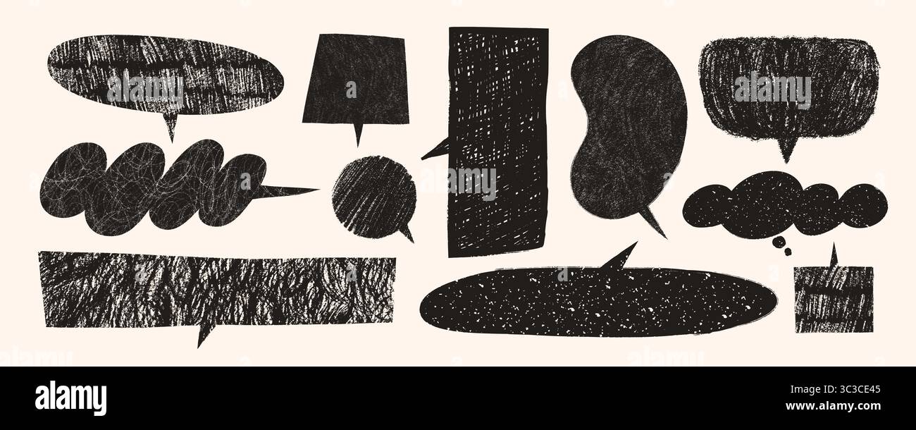 Buntstift-Sprechblasen-Vektor in Schwarz auf beigem Hintergrund. Handgezeichnete Sprechboxen und Bleistift-Textballons mit rauer Textur. Sprachblasenvektor Stock Vektor