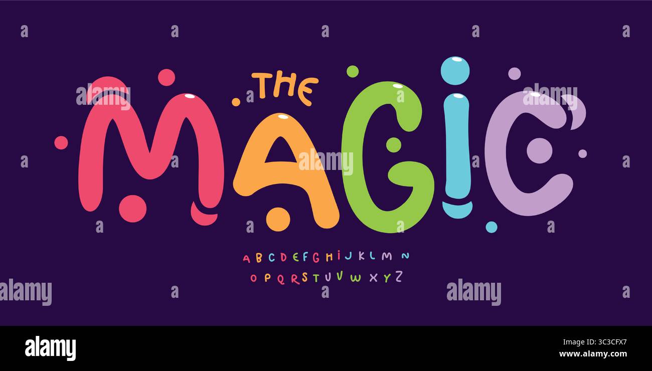 Verspielte Bubble-Schrift, bunte abgerundete Buchstaben, süßes Zeichentrickalphabet, fröhliche handgezeichnete Schrift, flippige Kinder-Branding-Typografie, süße Typografie Stock Vektor
