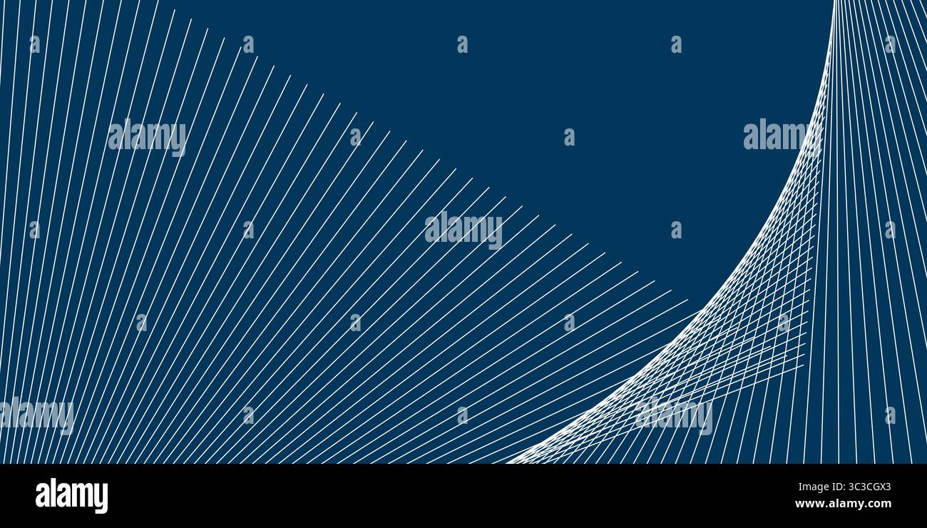 Ein moderner abstrakter Hintergrund mit sich drehenden parallelen Liniengruppen auf blauem Hintergrund. Die dynamische Komposition lässt Platz für Text auf der linken Seite, cr Stock Vektor