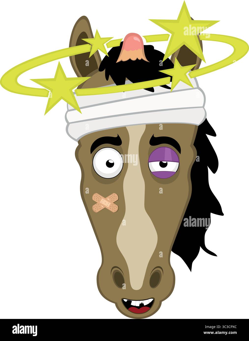 Vektor-Illustration Charakter Gesicht Pferd Cartoon, verletzt mit einem blauen Auge und sehen Sterne Stock Vektor