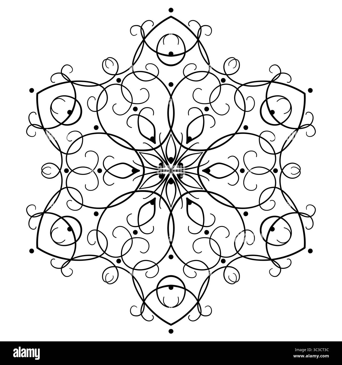 Elegante Schneeflocke. Schwarzes Mandala mit sechs Balken auf weißem Hintergrund. Dekorative Spitze Muster Vektor Illustration. Indischer Blumenschmuck zum Aufdrucken. E Stock Vektor