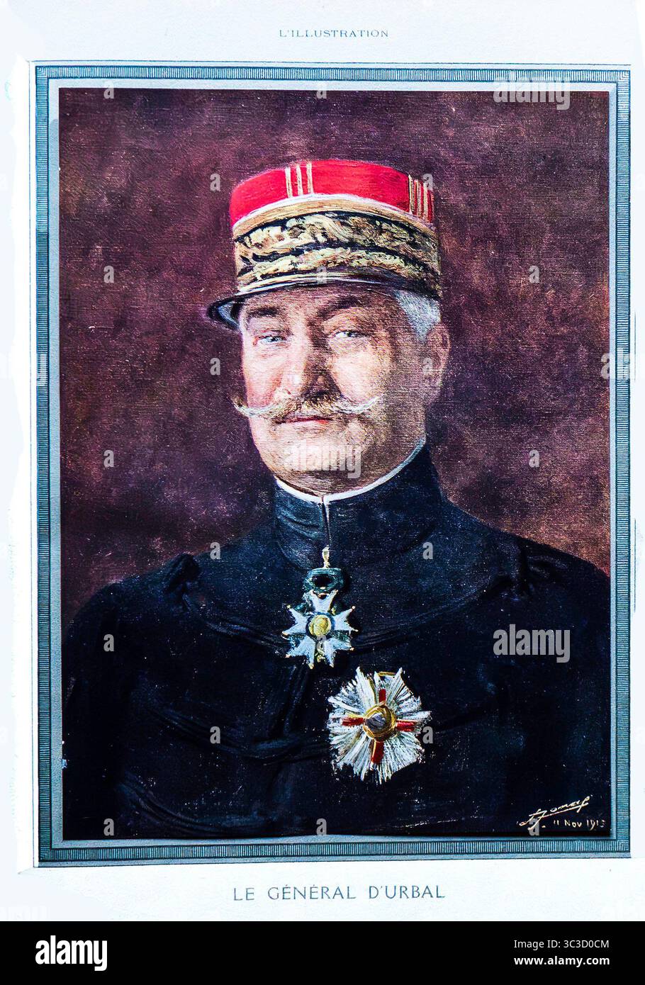 Porträt von General Victor d’Urbal, hochrangiger französischer Militärkommandeur während des Ersten Weltkriegs, farbig illustriert und veröffentlicht in L’Illustration, 25. März 1916. Dekoriert mit dem Großen Kreuz der Ehrenlegion und anderen militärischen Orden. Das signierte Porträt des Künstlers Georges Scott stammt vom 11. November 1915. Lebhafte Darstellung eines prominenten französischen Generals aus der Zeit des Ersten Weltkriegs. Archiviertes farbiges Bildmaterial. Stockfoto