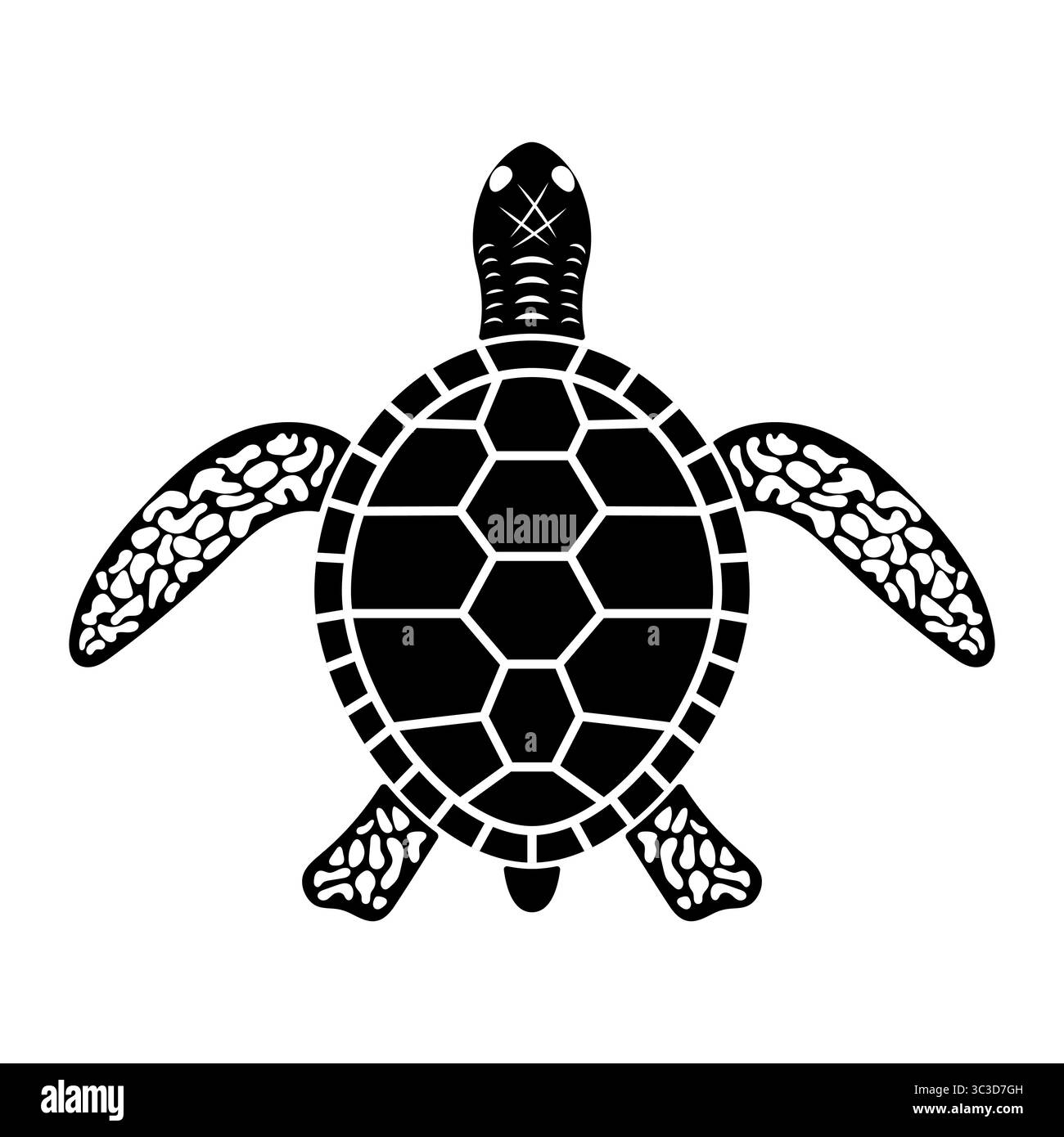 Silhouette Der Meeresschildkröte. Eine stilisierte Schale mit geometrischen Segmenten, während Flossen und Kopf mit komplizierten Stammesmustern oder abstrakten Mustern verziert sind. Stock Vektor