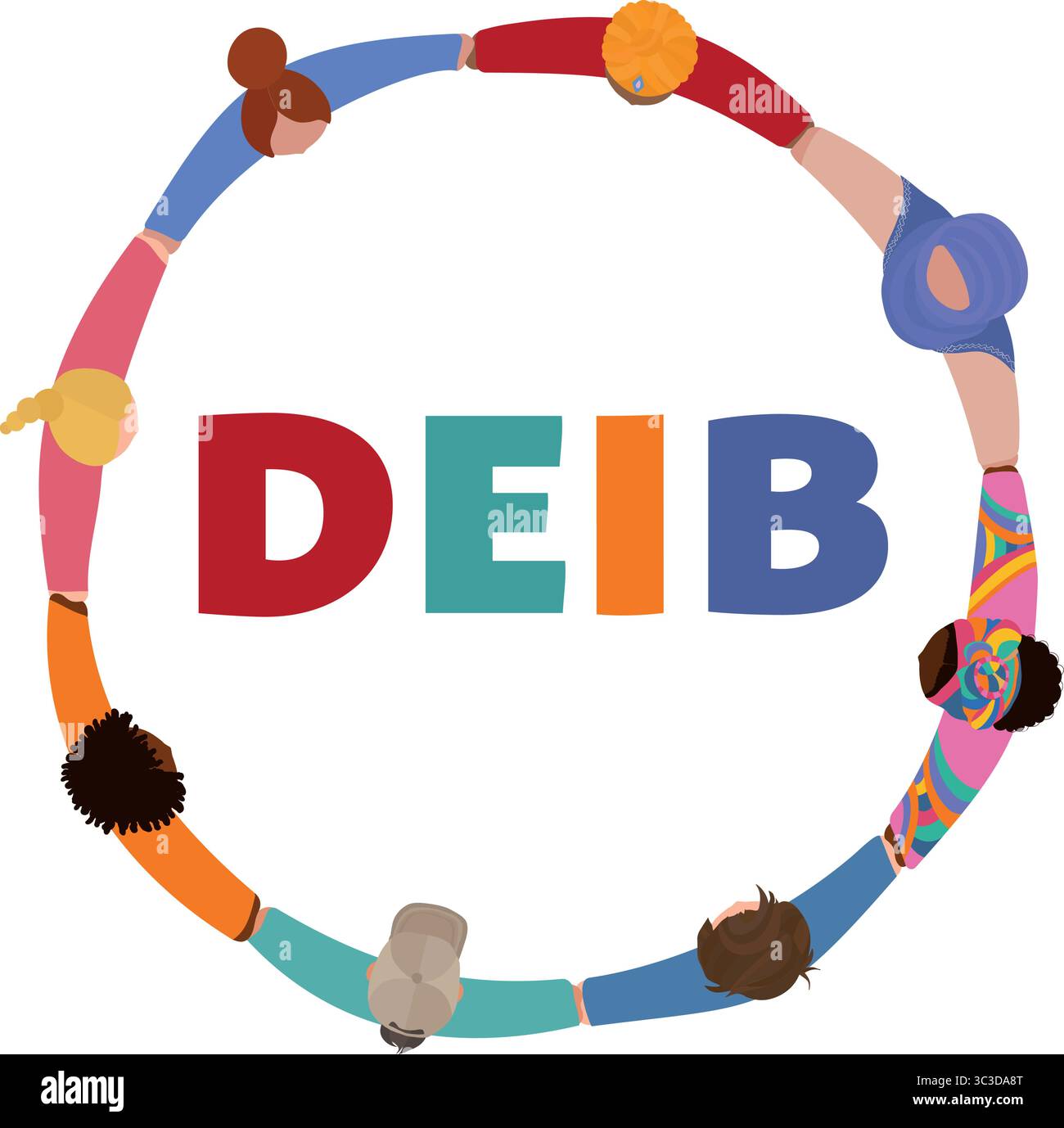 Verschiedene Menschen, die von oben einen Einheitskreis bilden, der die Werte und die Inklusion der DEIB symbolisiert Stock Vektor