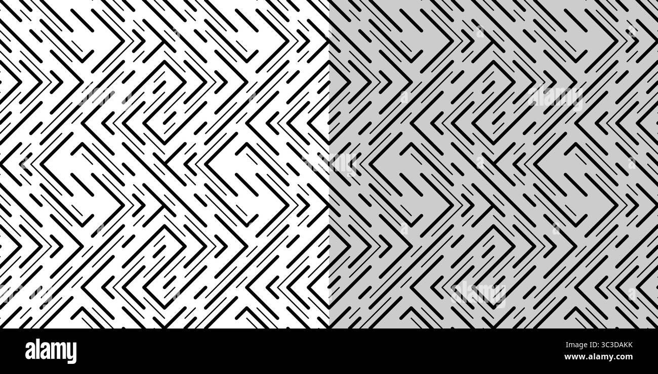 Schwarzes nahtloses Muster unterbrochener Linien. Monochromes diagonales Design. Komplexe Ornamente gerader Schnittlinien. Neutraler geometrischer Hintergrund Stock Vektor
