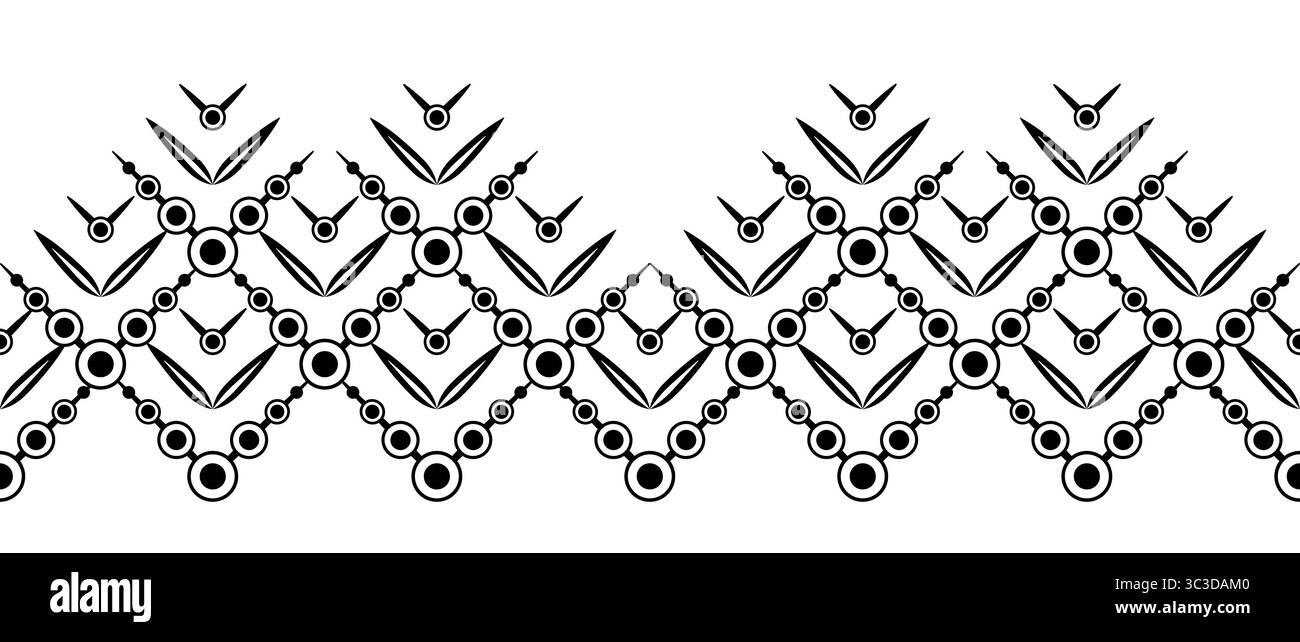 Quadratische Mosaikfliese aus schwarzen Kreisen und Blüten. Einfarbiger abstrakter geometrischer nahtloser Rand. Komplizierter Texturhintergrund. Klare Verzierung Stock Vektor