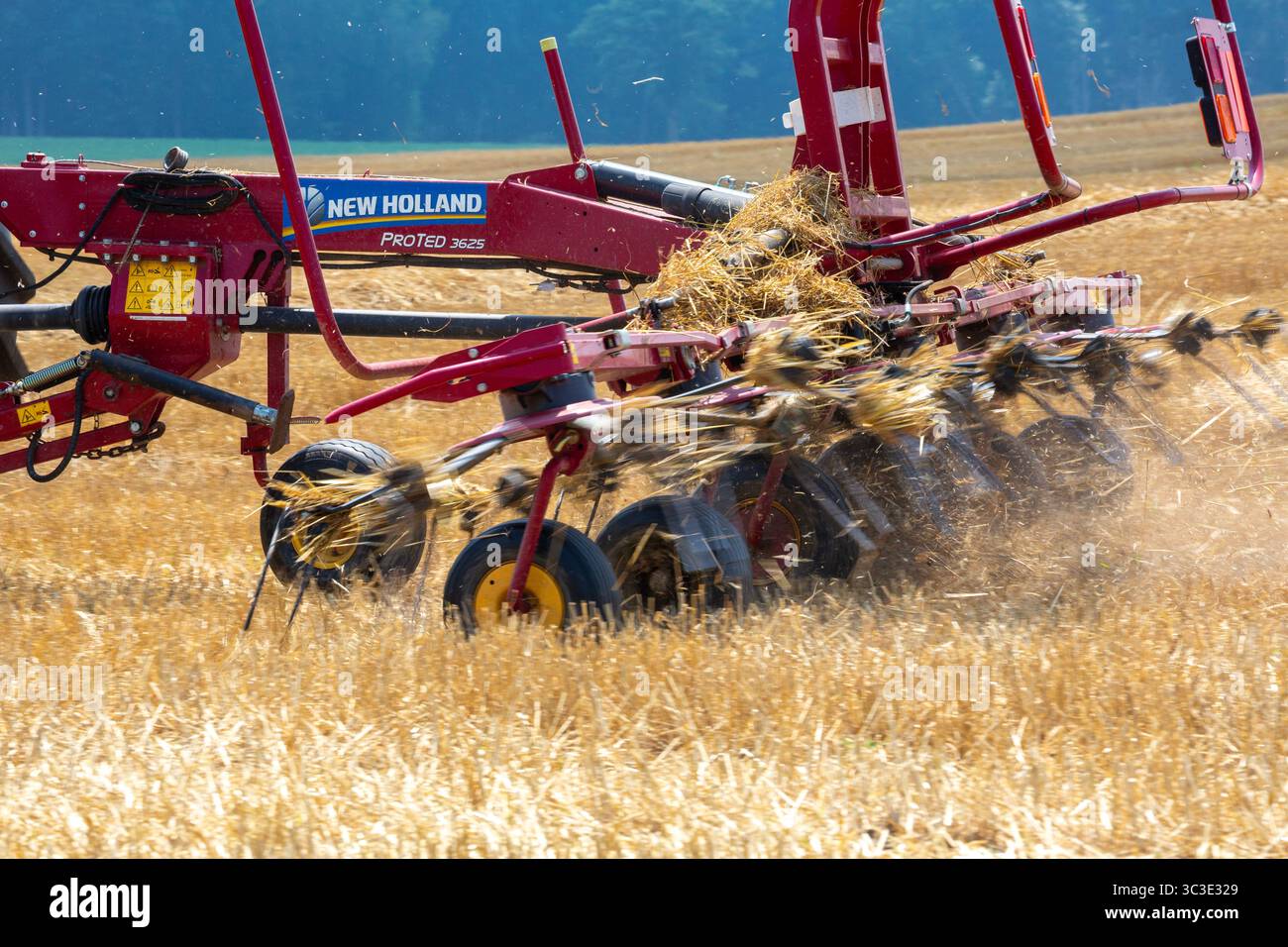 Hastings, Michigan – Ein Landwirt verwendet einen New Holland ProTed 3625 zedder, um seine Ernte zu belüften. Ein zerkleinerer verteilt Heu oder Stroh, um ein schnelleres Trocknen zu ermöglichen Stockfoto