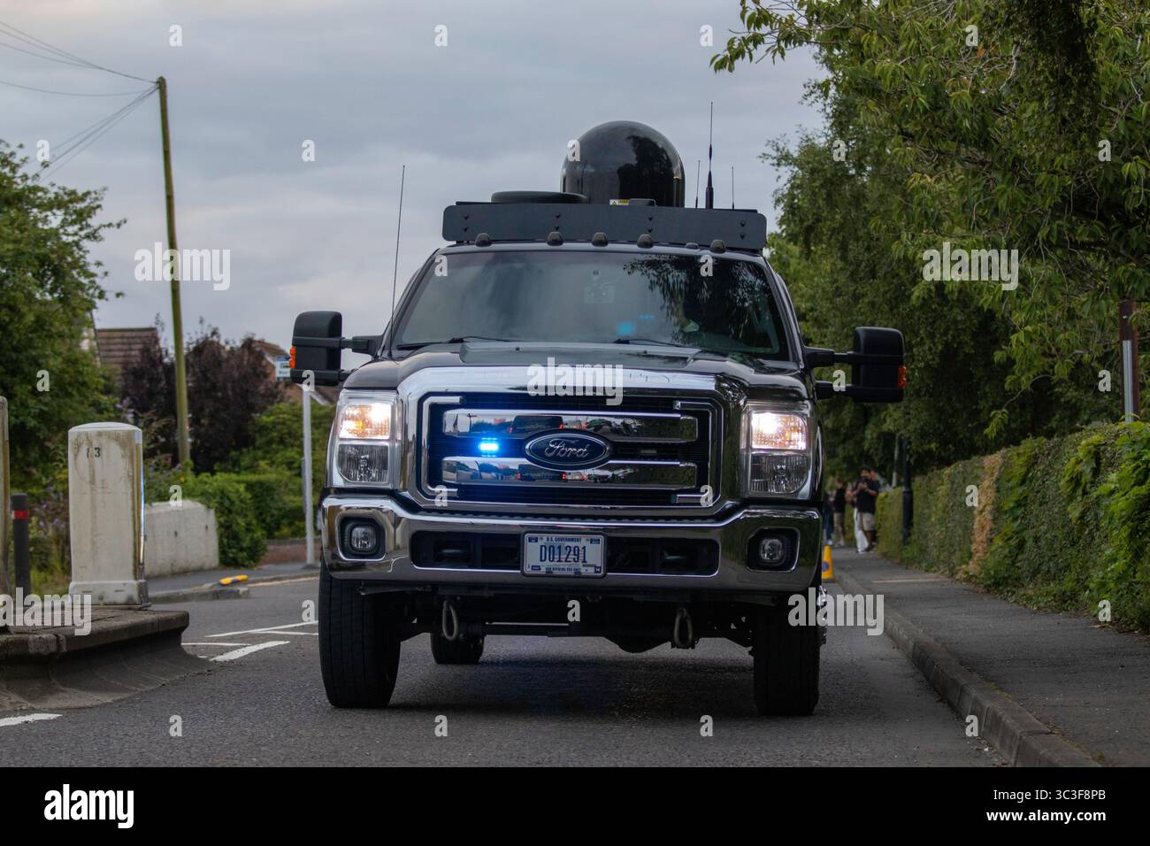 Juli 2025. Flughafen Prestwick, Schottland. US-Präsident. Donald Trump trifft am Flughafen Prestwick in der Air Force One vor seinem Präsidentschaftsbesuch in Schottland ein. Der US-Präsident wird seine Golfanlagen in Turnberry an der Küste von Ayrshire und Menie in Aberdeenshire besuchen. Quelle: Jacob Hughes/Alamy Live News Stockfoto