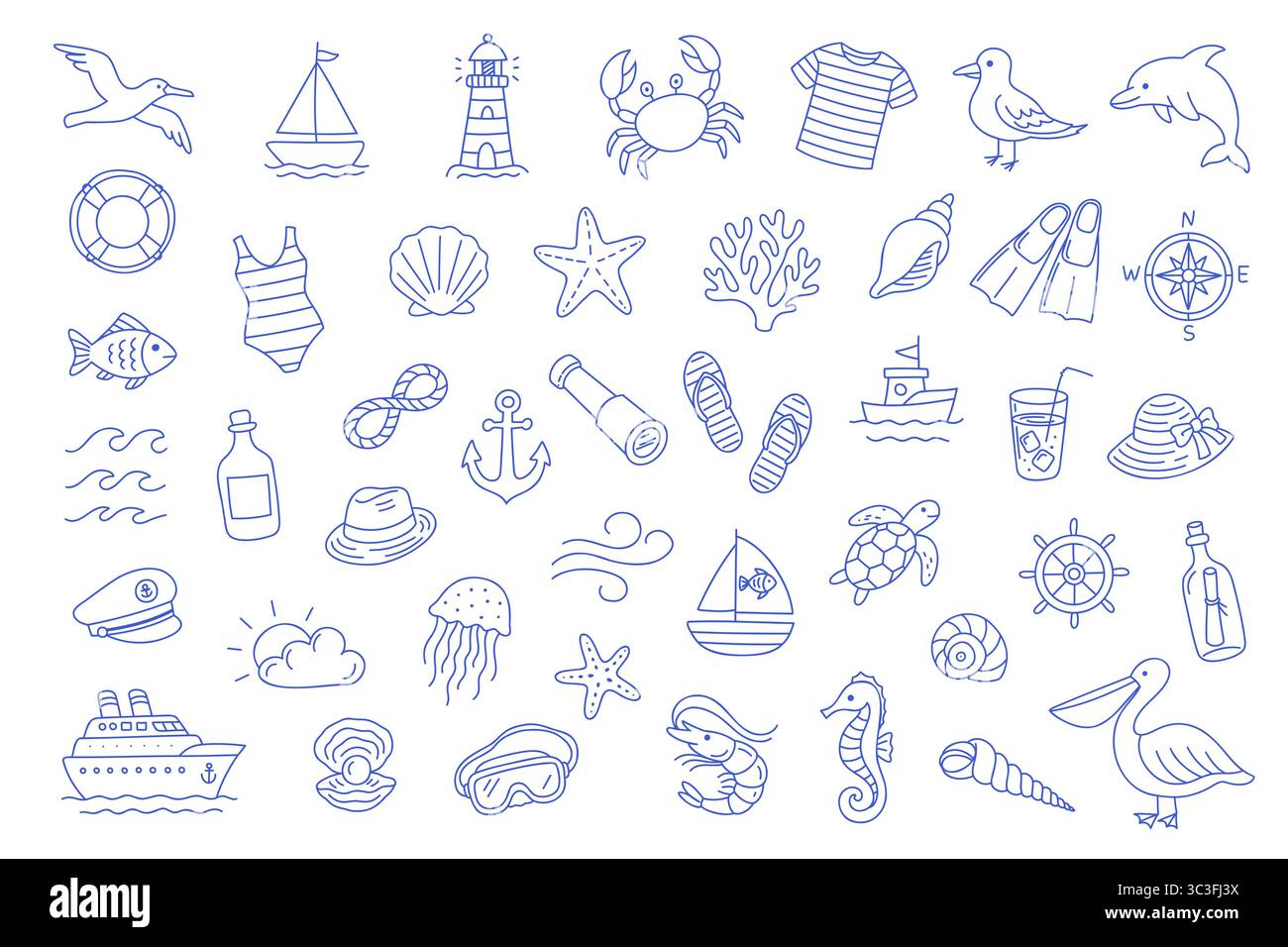 45 Marinesymbole im bearbeitbaren Vektor der Kontur. Großer Pack mit nautischen Sommerelementen. Stock Vektor