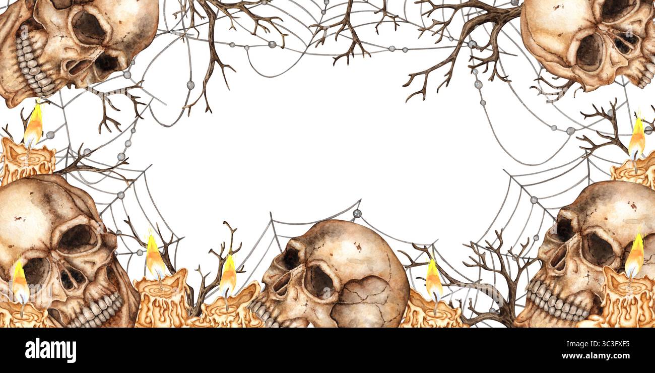Menschliche Schädel, Spinnennetz, Kerzen und trockene Zweige rechteckiger Rahmen. Aquarell-Gothic-Illustration. Geeignet für Halloween, Tag der Toten, gruselig Stockfoto