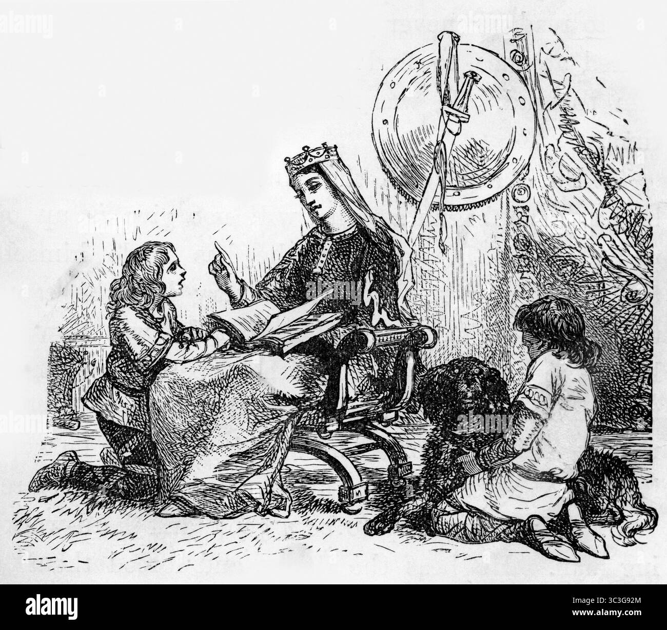 Die Kindheit von Alfred dem Großen mit seiner Mutter, die ihm vorliest. Seine Mutter war Osburh oder Osburga (auch Osburga Oslacsdotter), die erste Ehefrau von König Æthelwulf von Wessex. Stockfoto