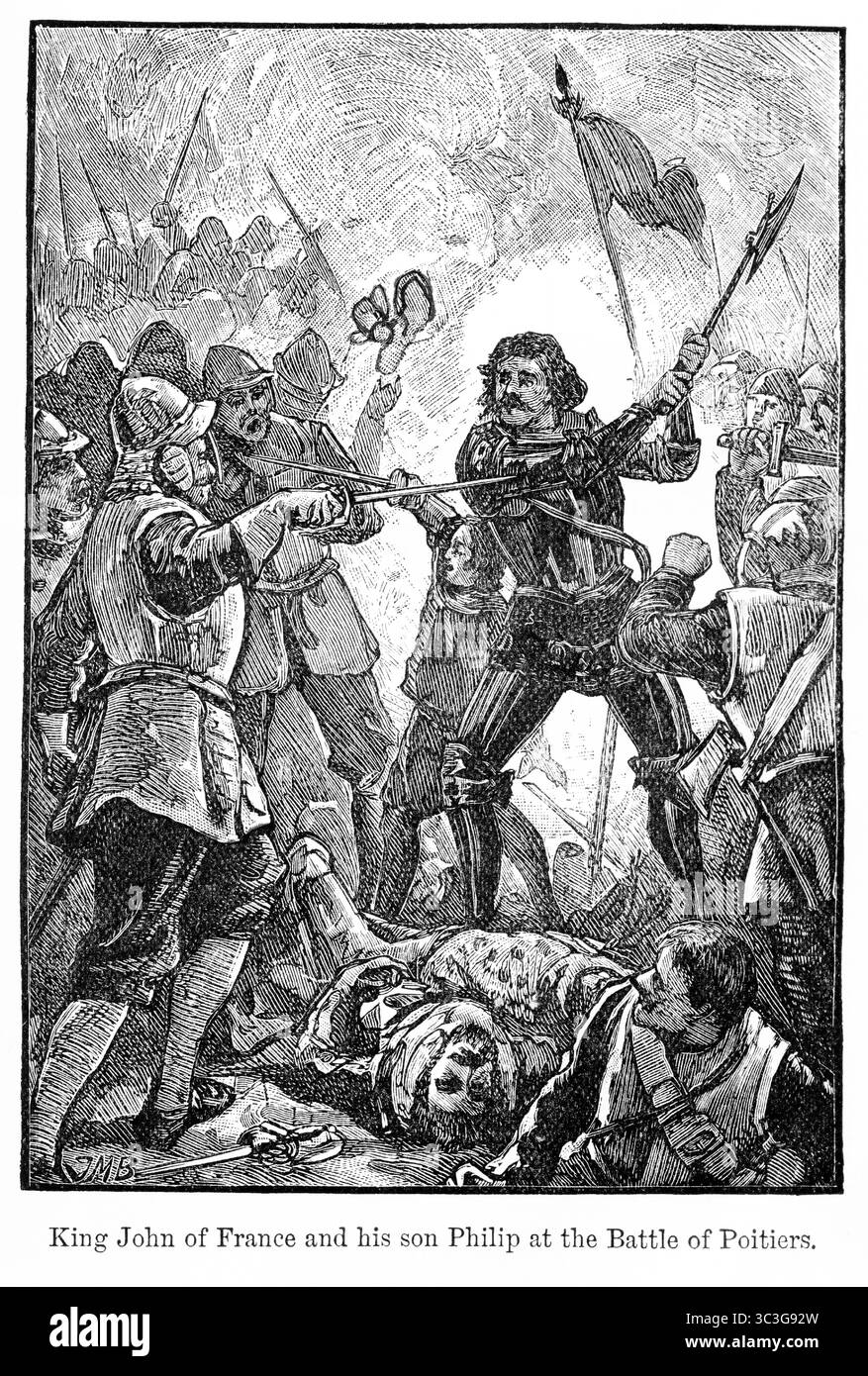 König Johann von Frankreich und sein Sohn Philipp kämpfen Seite an Seite in der Schlacht von Poitiers zwischen einer französischen Armee unter dem Kommando von König Johann II. Und einer anglo-Gascon-Streitmacht unter Eduard, dem Schwarzen Prinzen Stockfoto