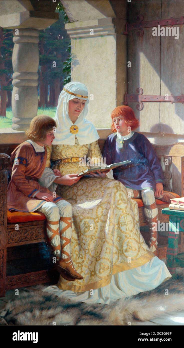 Gemälde über die Kindheit von Alfred dem Großen von Edmund Blair Leighton (1852–1922), einem englischen Maler historischer Genreszenen, der sich auf Regency und mittelalterliche Themen spezialisiert hat. Alfreds Mutter war Osburh oder Osburga (auch Osburga Oslacsdotter), die erste Ehefrau von König Æthelwulf von Wessex. Stockfoto